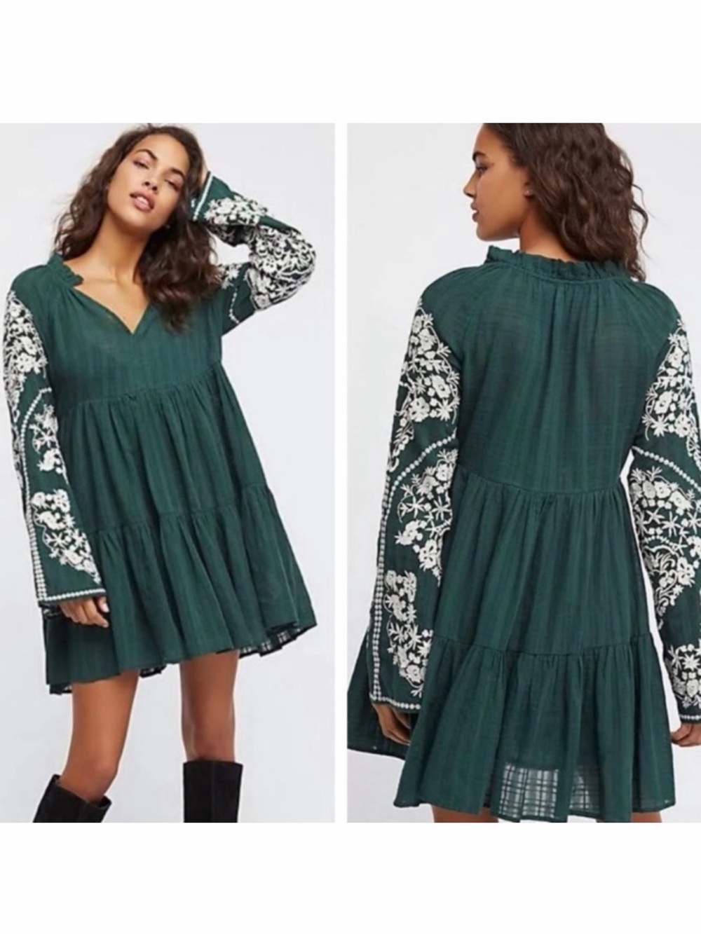 Free People Emerald City Embroidered Boho Dress Cotton Tiered V-Neck Airy Sz XS